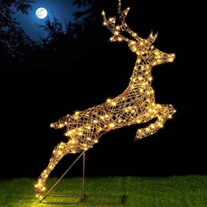 Bakaji Renne de Noël sautant en rotin et métal lumineux pour extérieur cerf lumineux Noël 240 LED blanc chaud décor pour intérieur extérieur jardin avec minuterie hauteur 146 cm