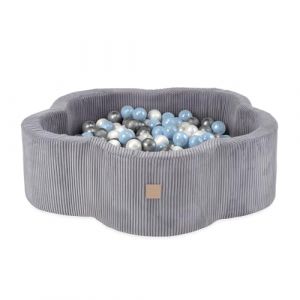 Piscine à Balles pour Bébé Enfants pour la Chambre MISIOO Fleur Velours Côtelé Gris 95x30 cm 200 Balles: Bleu/Argent/Blanc Perle