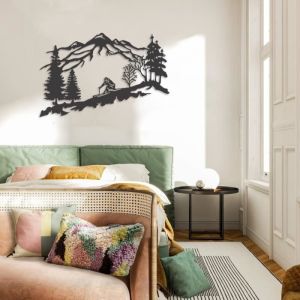 D&eacute;coration Murale Skieur en m&eacute;tal, Art Mural Montagne et Arbres - 100x64 cm - DEKORY
