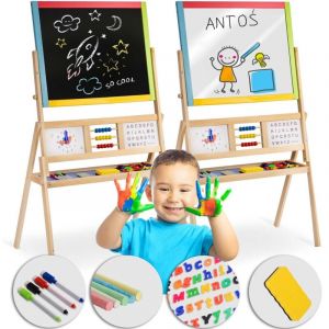 Ricokids Tableau blanc magnétique pour enfants - Horloge boulier et tableau à craie - Tableau à dessin - Chevalet en bois