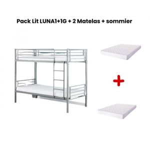 Homy France - Pack Lit superposé luna 1+1 90x190 cm Gris + Matelas + Sommiers Séparable