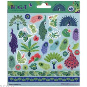 Toga Paons 68 Stickers, Papier, Vert-Bleu-Violet, Dimensions d'une Planche : 15 x 15 cm