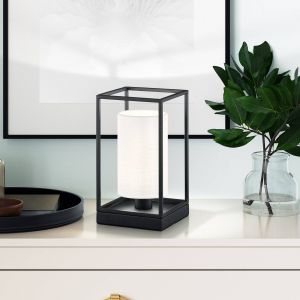 Lampe de table GILLI E14 1x25W métal sable noir, tissu lin, PVC blanc L:16cm l:16cm H:28,5cm avec interrupteur à cordon