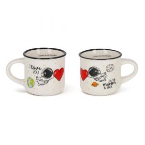 Legami Lot de 2 tasses à expresso en porcelaine anglaise - Passe au lave-vaisselle - Motif astronaute I Love You - Diamètre : 5,5 cm - Capacité : 50 ml