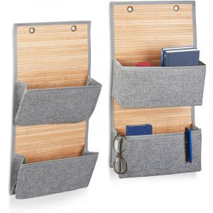Relaxdays Rangement mural, lot de 2, organiseur à suspendre 3 compartiments, salle de bain, HxLxP: 62x33x12 cm, bambou tissu, gris