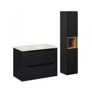 Ensemble meuble simple vasque encastrée 80cm 2 tiroirs et colonne Riva Noir et Bois