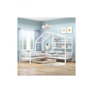Lit cabane pour enfant avec tiroirs et étagères, bois massif avec clôture et sommier à lattes, structure en L, blanc (90x200 cm+140x70cm)