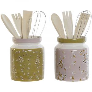 Pot pour ustensiles de cuisine Dkd Home Decor Vert Lila Métal Bois mdf 12 x 12 x 25 cm (2 Unités)