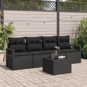 Ensemble de canap&eacute; de jardin 5 pi&egrave;ces avec coussins en poly rattan noir, Canap&eacute; de jardin 2 places avec rangement et coussins e