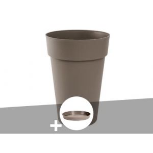 Eda Plastiques Pot de fleur rond Toscane Ø 46 x H.65 cm Taupe + Soucoupe