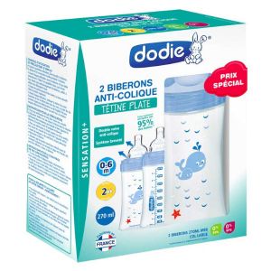 Image de Dodie Coffret Biberons Sensation+ Anti-Colique Tétine Plate 0-6 Mois Débit 2 Mer Pièces 2x270ml