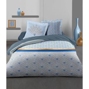 HOME LINGE P ION Parure de couette Louxor 1 housse de couette 240 x 260 cm + 2 taies 65 x 65 cm Bleu et blanc