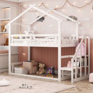 Lit superposé cabane avec escalier - MODERNLUXE - 90x200cm - cadre en pin - 1 place de sommier à lattes - blanc