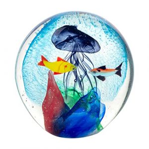 Presse-papier boule de cristal méduse bleue avec poisson, ornement de table élégant pour bureau, entrée, couloir, 11 cm 29322SGRG