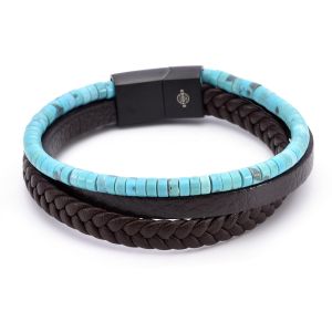 Bracelet Cuir Marron Lisse Et Tressé Avec Perle De Heishi Turquoise