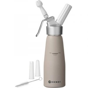 Hendi Siphon à chantilly, avec 3 douilles en polypropylène et brosse de nettoyage, siphon de cuisine, siphon à crèmes mousses desserts et sauces froides, 0,5L, ø80x(H)260mm, aluminium, taupe