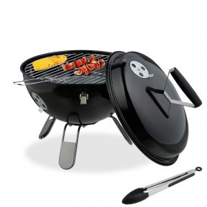 Relaxdays Barbecue portable, grill rond, Ø37 cm, pour table, jardin, balcon, avec couvercle, bac à charbon & pince, noir