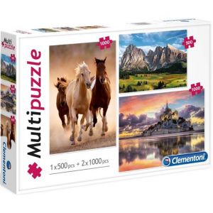 Clementoni Coffret 3 puzzles : Montagne La Chaine Des Alpes 500 Pieces + Mont Saint-Michel - Chevaux Brun Et Blanc Au Galop 2 X 1000 Pieces -