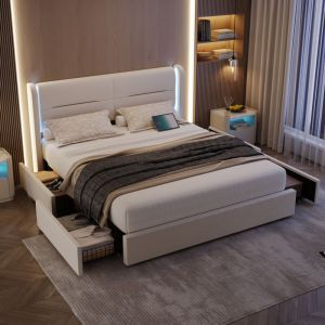 Lit adulte 160x200 cm, 2 usb+led, lit double rembourré avec 4 tiroirs de rangement, velours, sans matelas, beige