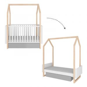 Lit évolutif cabane 70x140 en 70x160 tiroir inclus Bellamy Pinette Blanc et gris