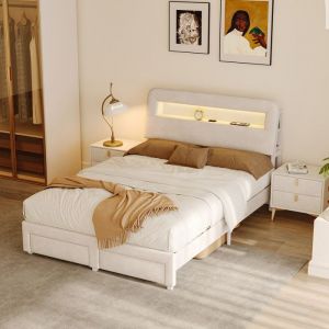 Lit Double 160x200 avec Tiroirs et LED, Rangement Int&eacute;gr&eacute;, Prise USB Europ&eacute;enne, Structure M&eacute;tallique 300kg, Velours Blanc Moderne