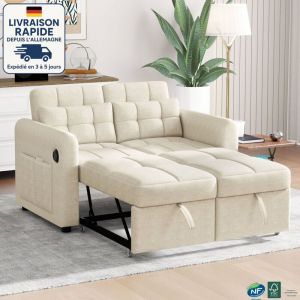 MODFU - Canap&eacute; convertible &agrave; roulettes 2 places avec 2 coussins, port USB, convient pour salon chambre, 142&times;85&times;83cm, beige