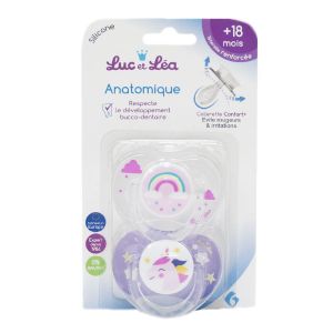 Luc et Léa Sucette Silicone Anatomique Edition Limitée Duo Licorne Arc en ciel +18mois