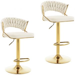 Lot de 2 Tabourets de Bar en Velours et Métal WOLTU, Tabouret Pivotant avec Dossier Tissé et Repose-Pieds, Hauteur Réglable, Crème
