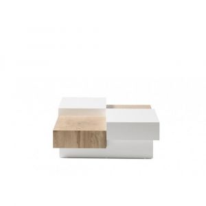 Image de Inside75 Table basse PIXBO laquée blanc mat et décor chêne 2 tiroirs