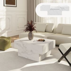 Table basse extensible Lens 80 x 60 x 36 cm effet marbre blanc [en.casa]