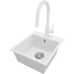 Primagran - Evier Cuisine en Granit 38x44cm, Lavabo 1 bac + Robinet 40x20cm + Kit de Vidage, &Eacute;vier &agrave; Encastrer au meuble 40cm - Riga Easy, Blanc
