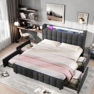 Lit double capitonn&eacute; 160x200 cm, lit adulte avec LED et USB, 4 tiroirs, sommier &agrave; lattes en bois, Gris (sans matelas)