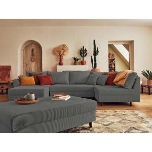 Canapé d'angle droit convertible 7 places en velours côtelé gris foncé