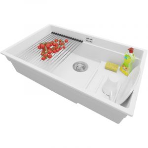 Primagran - vier Cusine en Granit 76x47 cm Lavabo Cuisine 1 Bac + Kit de Vidage, Évier au meuble 80cm Évier à Encastrer de Blanc