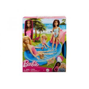 Mattel Coffret - piscine de reve avec toboggan rose + poupee glamour blonde - accessoire - set jouet fille + carte animaux