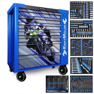Servante d'atelier Kraft Muller KM-7/6 RACING-BLUE FLEX MOTO GP, 249 Outils inclus - 7 tiroirs, 6 tiroirs pleins, 1 placard