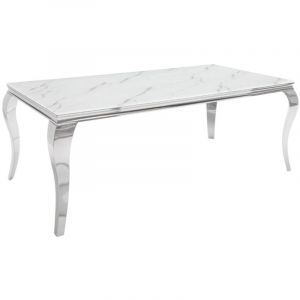 Table de salle &agrave; manger VELENA 180 cm &ndash; Plateau en verre effet marbre blanc &ndash; Structure en acier argent&eacute;