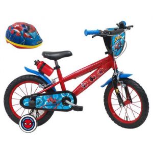 V&eacute;lo enfant 14'' Gar&ccedil;on SPIDERMAN pour enfant 90 cm &agrave; 105 cm &eacute;quip&eacute; de 2 freins, plaque avant, bidon arri&egrave;re & stabilisateurs + Casque inclus!