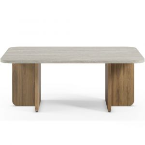 Table basse rectangulaire décor travertin et piètement couleur chêne 100 cm - Mina