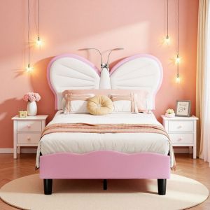 Lit Enfant Fille 90x200 - T&ecirc;te Papillon Velours - LED Int&eacute;gr&eacute;es - Hauteur R&eacute;glable - S&eacute;curit&eacute; EN71