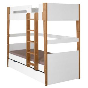 Pack lit superpose modulable gigogne avec 3 matelas Romy Blanc et bois 90x190 cm - Blanc et bois