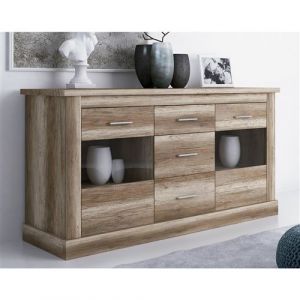 Pegane Buffet, Meuble de rangement coloris Chene vieilli - Longueur 170 x Profondeur 49 x Hauteur 88 cm -
