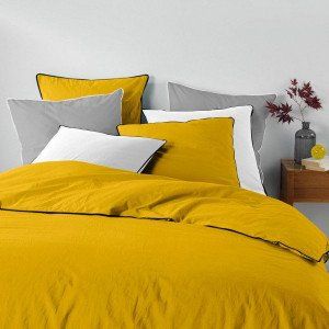 Image de Housse de couette et deux taies coton lavé (240 cm) Linette Jaune