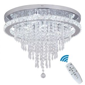 Plafonnier led rond en cristal K9 82W gradablechaud, blanc et neutre Lustre salon télécommande D50CM Chrome