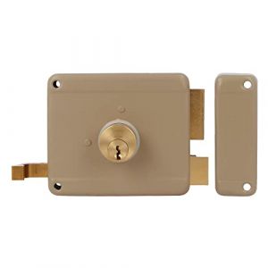 Amig - Serrure à chevauchement droit avec levier de verrouillage, languette et poignée pour portes en bois Mod. 77 | 100 x 85 mm | Loquet avec cylindre à vis rond | Acier beige