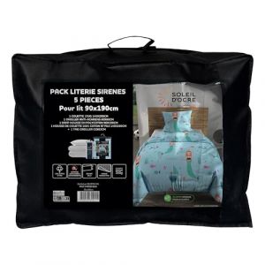 Soleil d'Ocre Ensemble Couette et Parure 5 Pi&egrave;ces Sirene Bleu pour lit en 90x190 cm