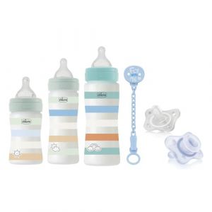 Chicco Kit Biberon avec biberons Bien-être de 150 ML, 250ml et 330ml, Sucette Physio Soft en Silicone avec tétine PhysioForma 0-6 Mois, Attache-Sucette, Bleu