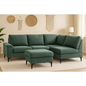 Concept-Usine Canapé D'angle 4/5 Places En Tissu Chenille Vert Avec Pouf Colchester