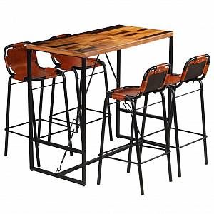 Image de VidaXL Ensemble de bar 5 pcs Bois massif recyclé et cuir de chèvre