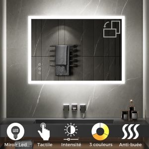 Temeo Miroir lumineux 70 x 100 cm (ou 100x70) led 2100 lm tactile antibuée + intensité & couleurs salle de bain